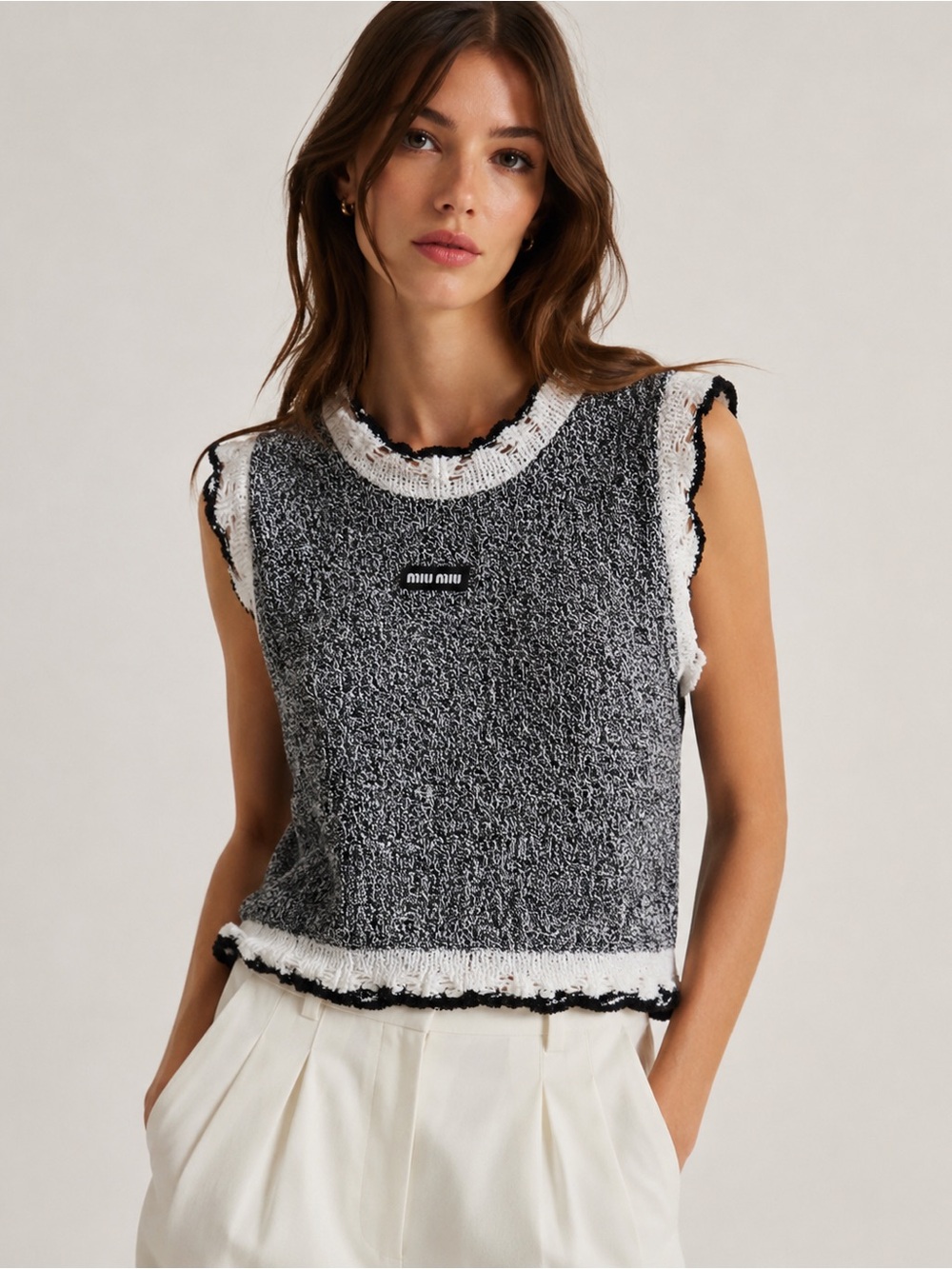 Miu Miu navy and White Bouclé Sleeveless Knit Tank